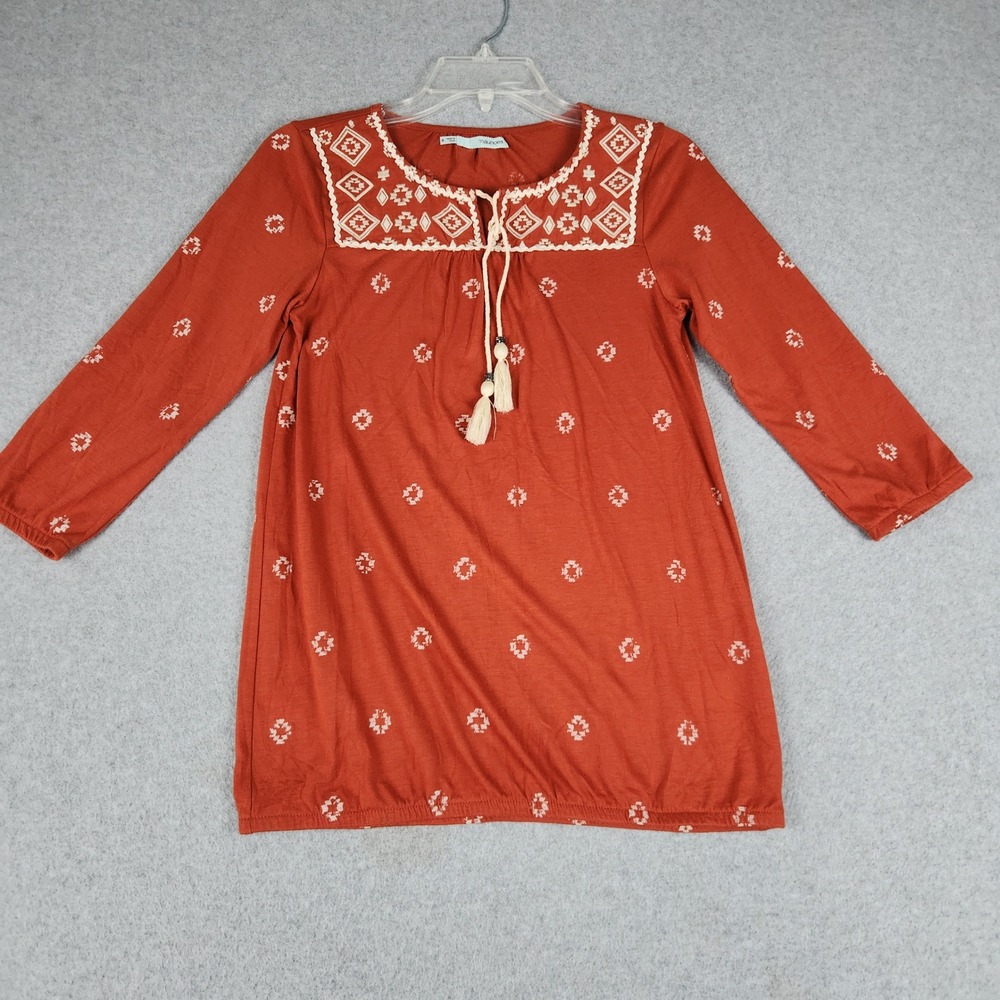 Maurices Tunic Top Women S Rust Orange Geometric Boho Peasant Embroidered Tassel